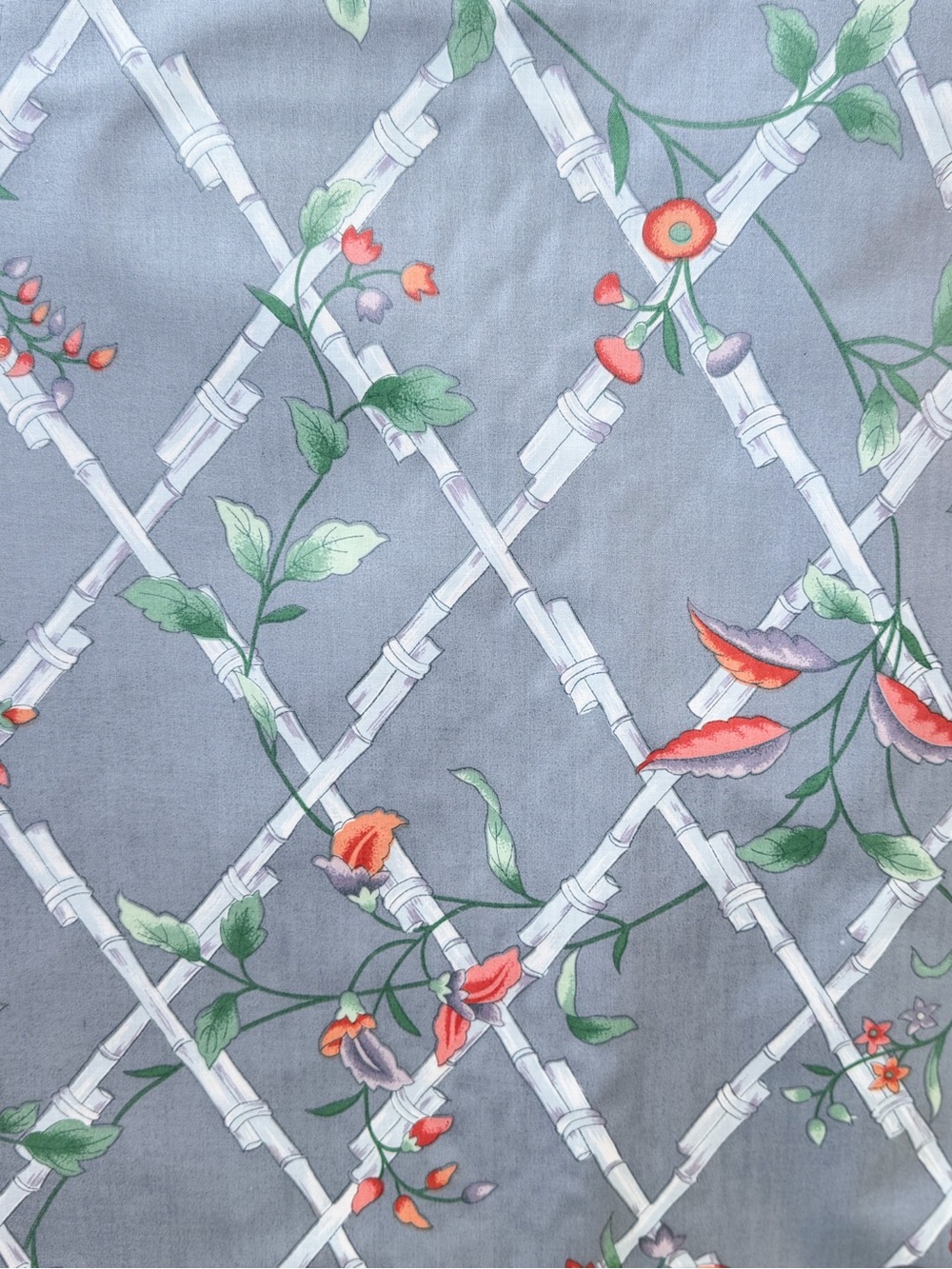 Vtg P Kaufmann Chintz Polished Cotton 54” x 15 Yds Blue Gray Bamboo Trellis